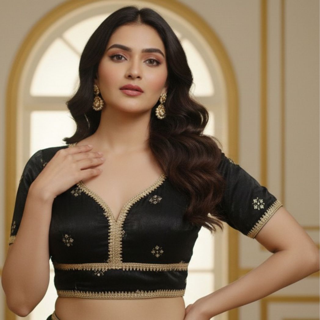 Classic Black Silk-Finish Blouse with Gold Zari Embroidery