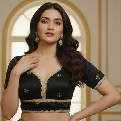 Classic Black Silk-Finish Blouse with Gold Zari Embroidery