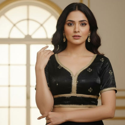 Classic Black Silk-Finish Blouse with Gold Zari Embroidery