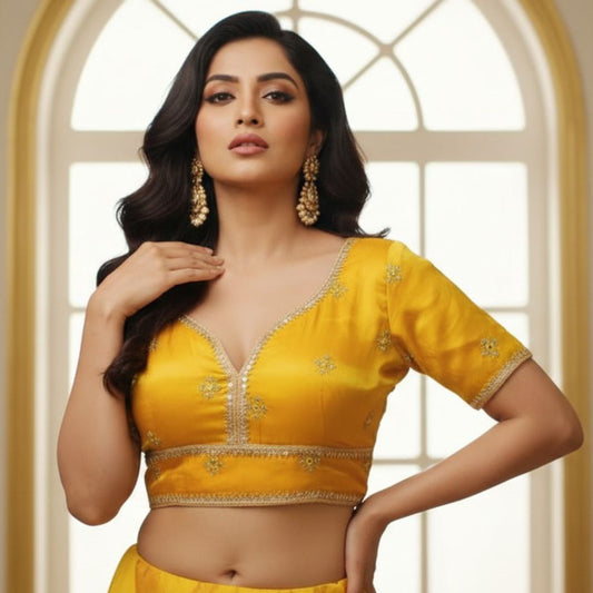 Vibrant Mustard Yellow V-Neck Blouse with Zari Border
