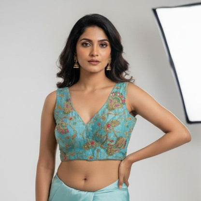 Trendzmy Turquoise Blue Embroidered V-Neck Blouse with Attached Sleeves