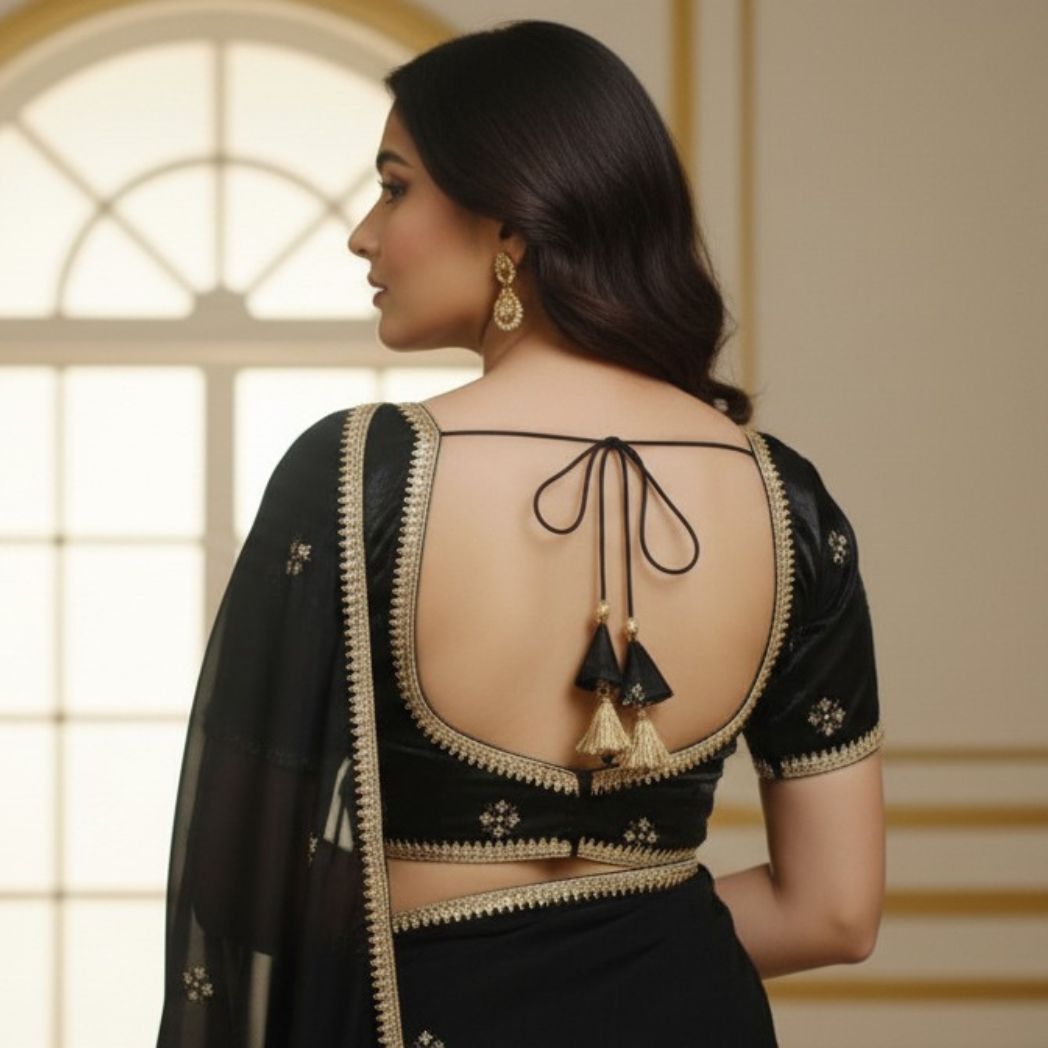 Classic Black Silk-Finish Blouse with Gold Zari Embroidery