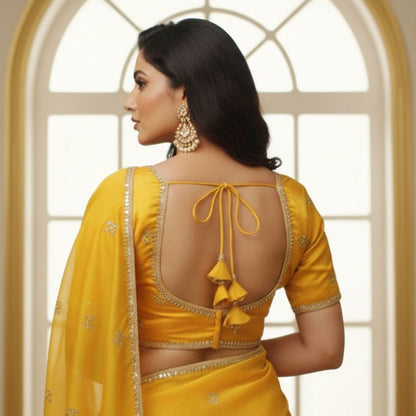 Vibrant Mustard Yellow V-Neck Blouse with Zari Border