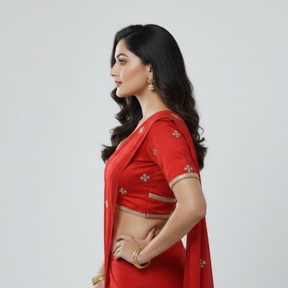 Striking Red Silk Finish V-Neck Blouse with Gold Zari Work