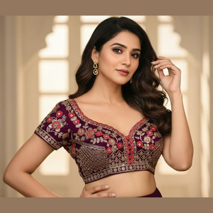 Trendzmy Wine Red Embroidered Sequin Blouse with Sweetheart Neckline