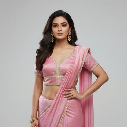 Elegant Pink V-Neck Blouse with Gold Zari Embroidery