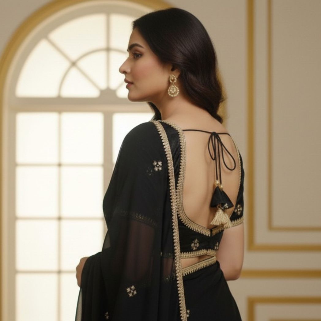 Classic Black Silk-Finish Blouse with Gold Zari Embroidery