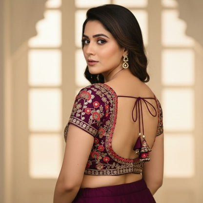 Trendzmy Wine Red Embroidered Sequin Blouse with Sweetheart Neckline