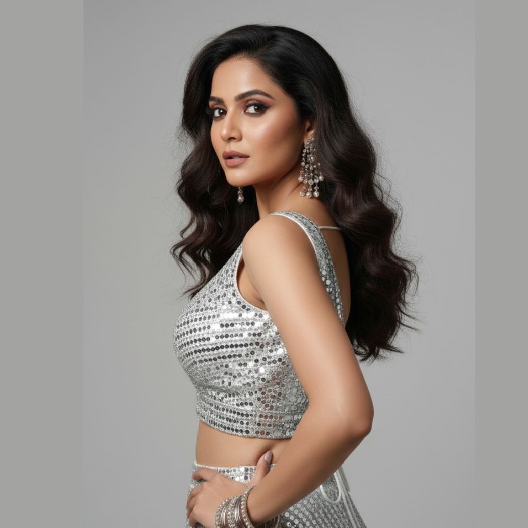 Silver Mirror Work V-Neck Sleeveless Party Wear Blouse