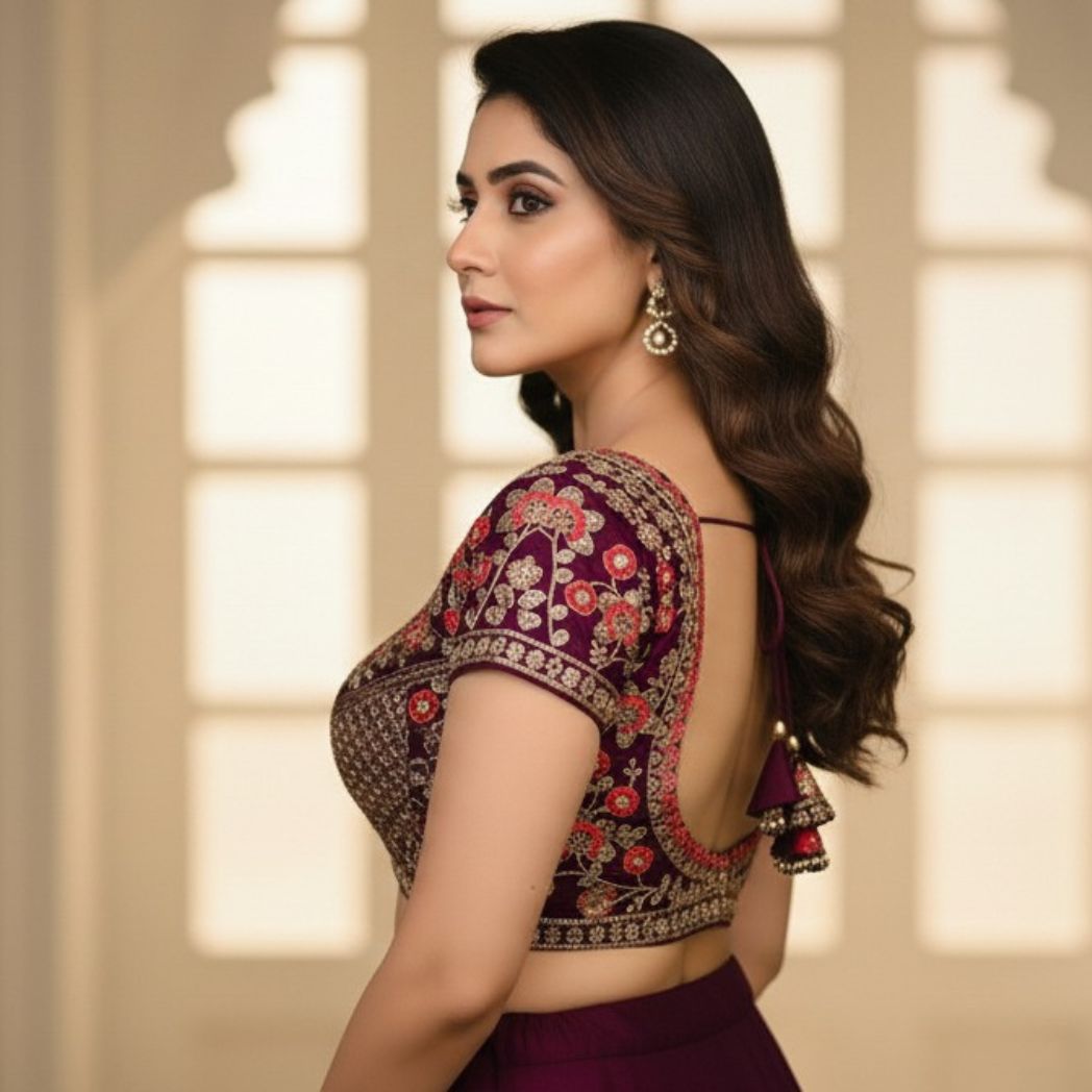 Trendzmy Wine Red Embroidered Sequin Blouse with Sweetheart Neckline