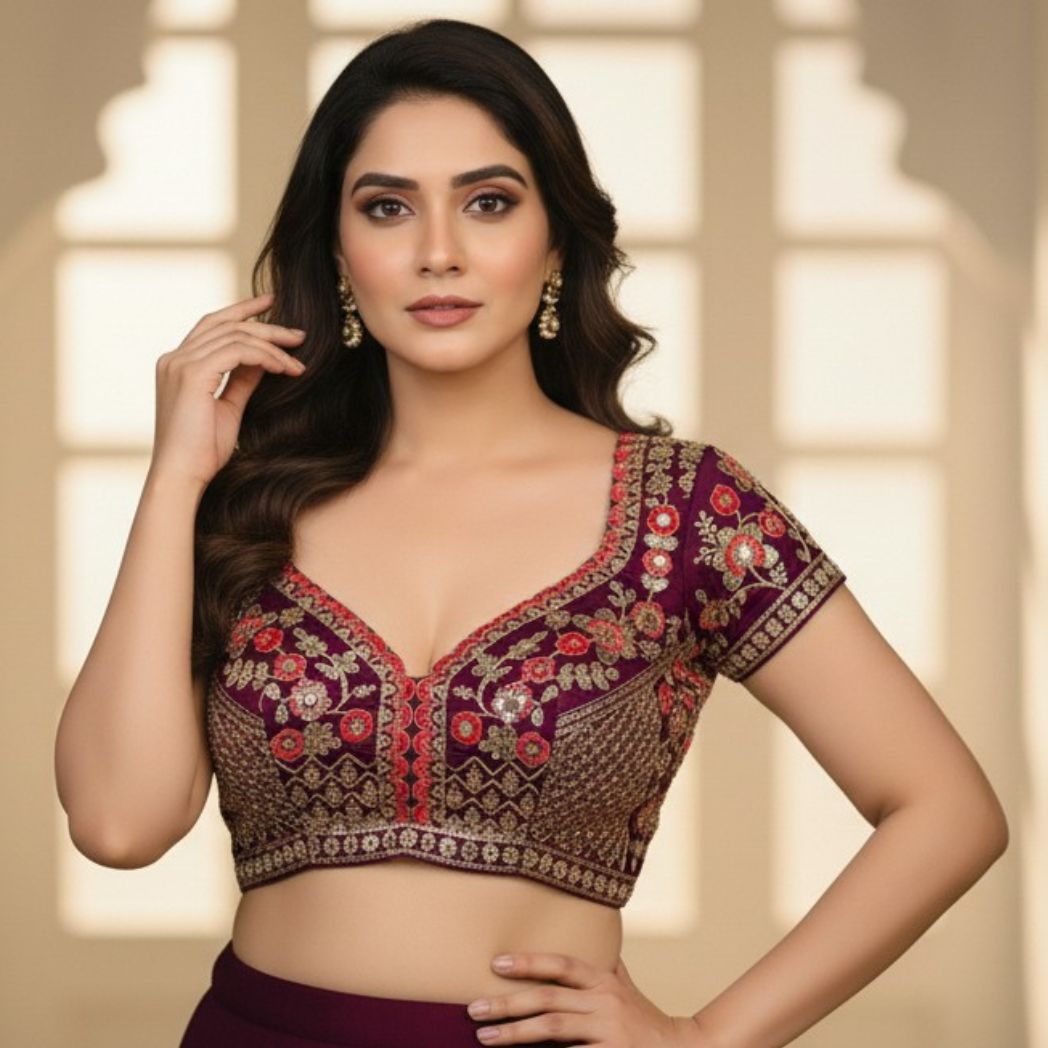 Trendzmy Wine Red Embroidered Sequin Blouse with Sweetheart Neckline