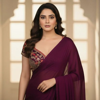 Trendzmy Wine Red Embroidered Sequin Blouse with Sweetheart Neckline