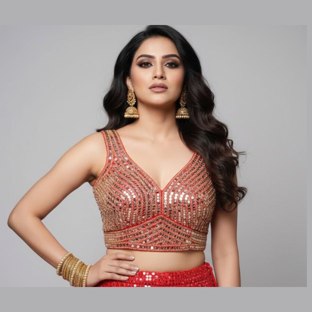 Designer Red Mirror Work Blouse for Women