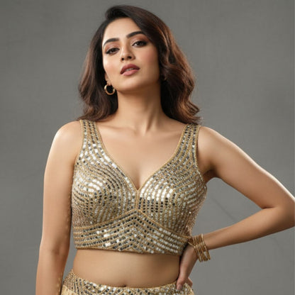 Festive Sequin & Mirror Embellished V-Neck Blouse