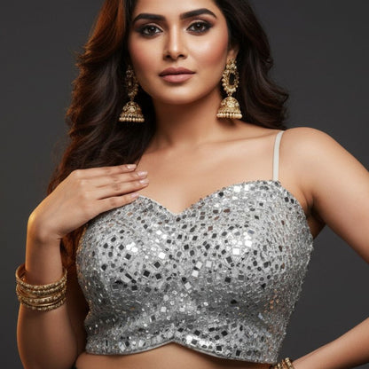 Silver Sequin & Mirror Work Spaghetti Strap Blouse