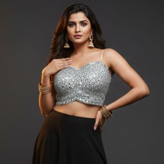 Silver Sequin & Mirror Work Spaghetti Strap Blouse