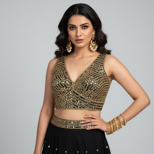 Black and Gold Sequin V-Neck Sleeveless Designer Blouse