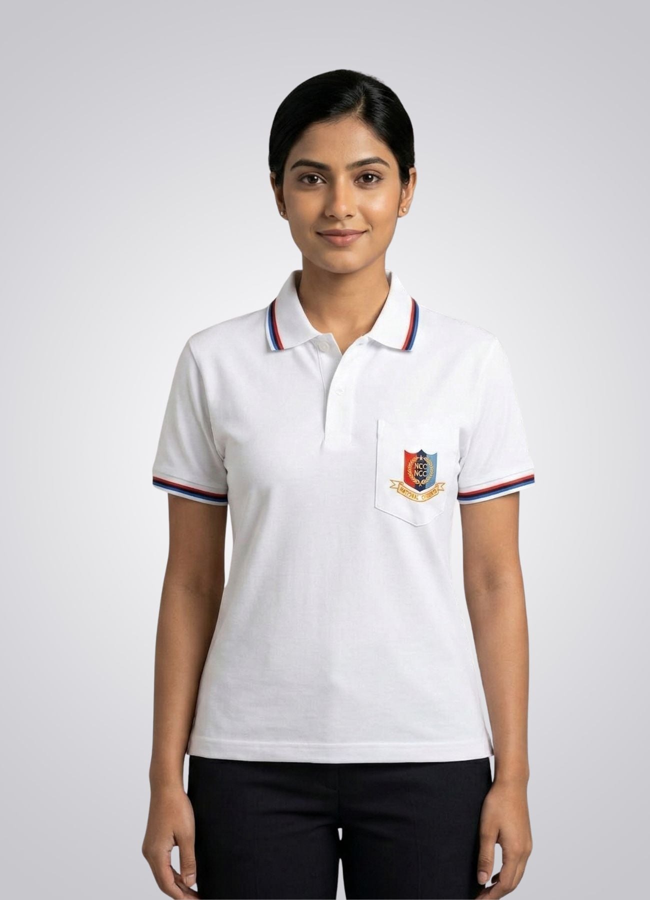 NCC Cadet White Polo T-Shirt | Official Style Uniform Tee with Pocket Badge | Half Sleeve Cotton Blend -Girl's White
