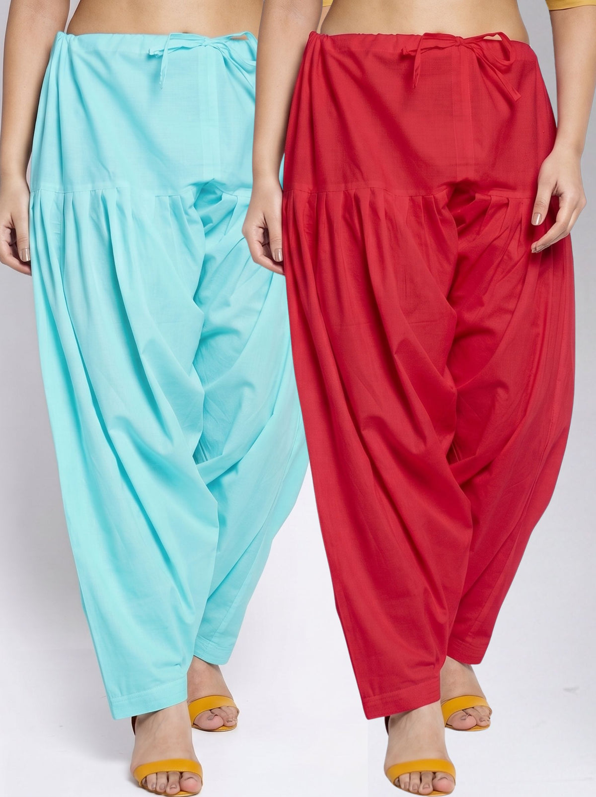 Women's Pure Cotton Solid Patiala Salwar Pants – Pack of 2 (Sky Blue & Red) | Breathable Everyday Ethnic Bottom Wear | Adjustable Drawstring Waist