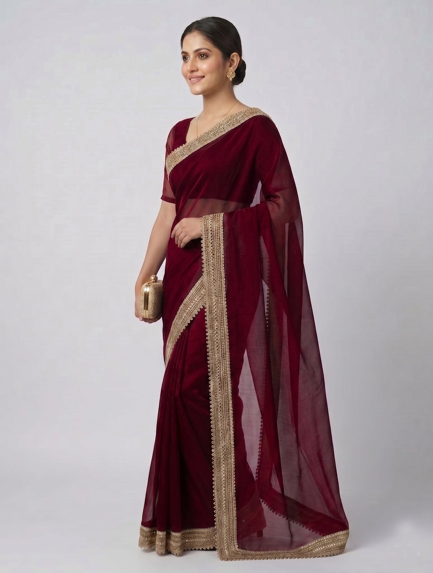 Wine saree with Designer Gold Embroidered Border