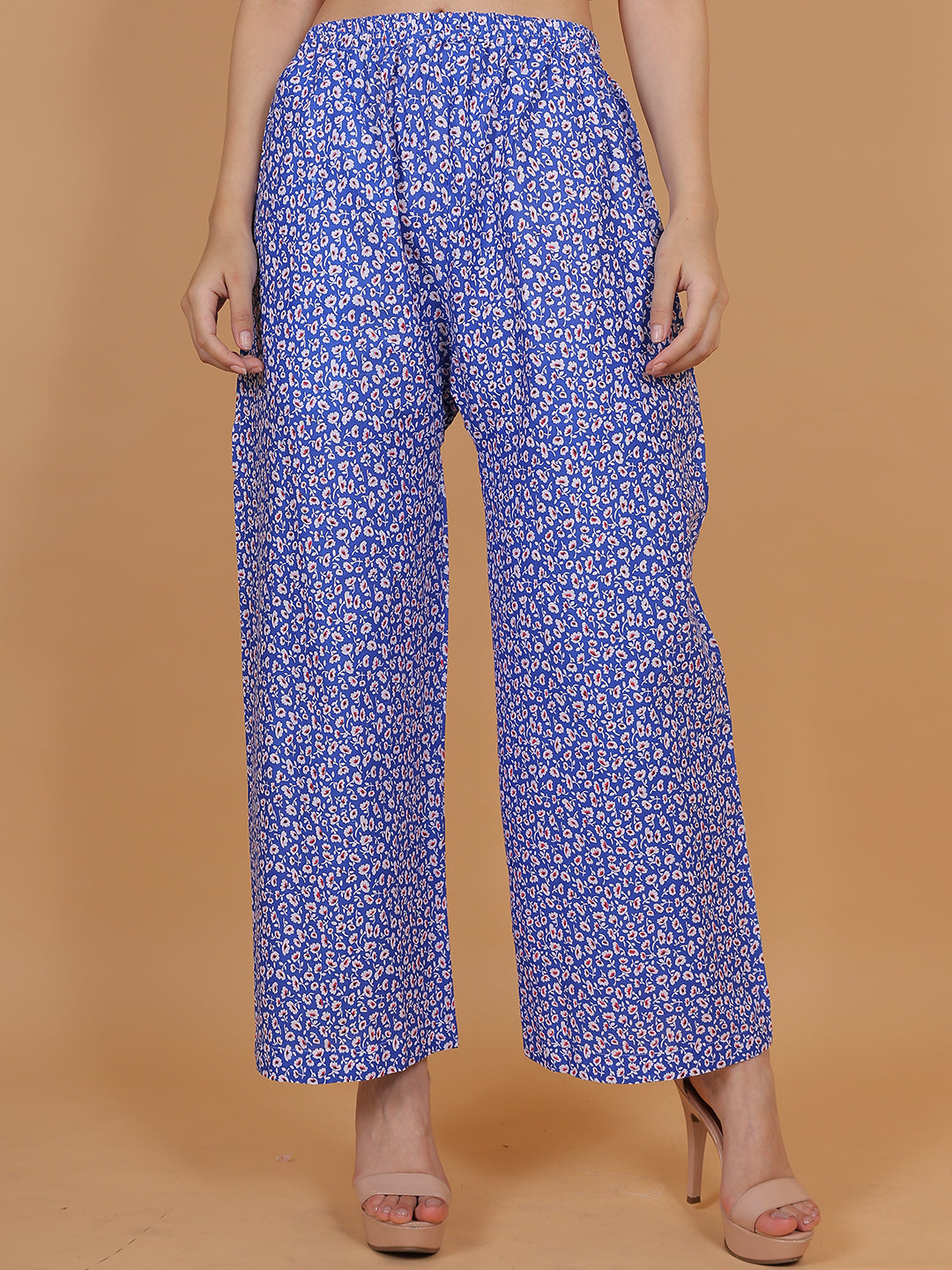 Women's Blue Printed Cotton Palazzo Pants with Pockets – Fits Size L(S to L) and Fits Size XXL (XL to 3XL)