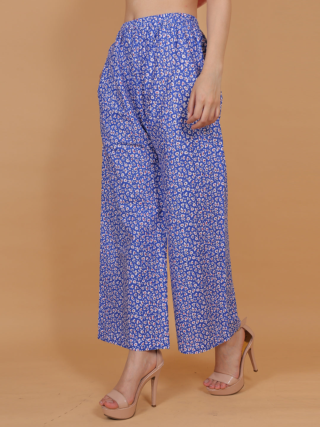 Women's Blue Printed Cotton Palazzo Pants with Pockets – Fits Size L(S to L) and Fits Size XXL (XL to 3XL)