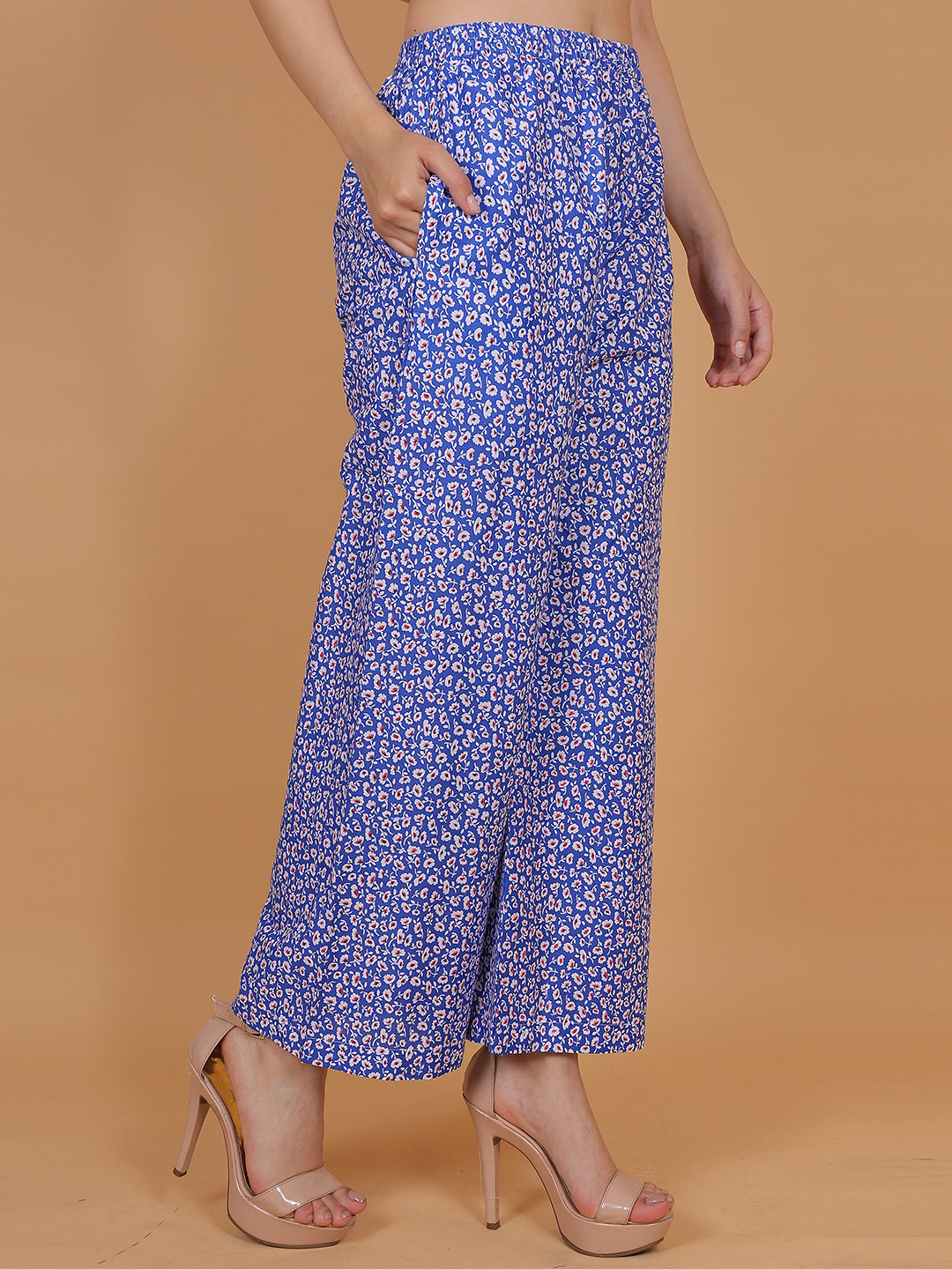 Women's Blue Printed Cotton Palazzo Pants with Pockets – Fits Size L(S to L) and Fits Size XXL (XL to 3XL)