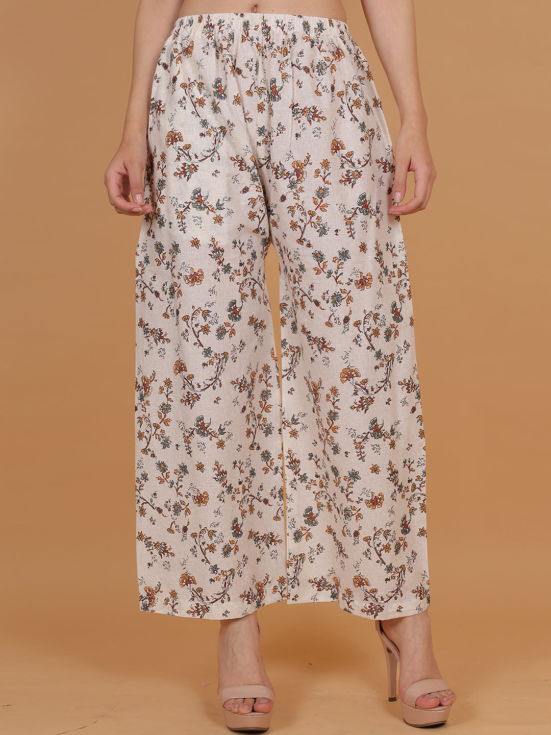 Women's Cream & Brown Printed Cotton Palazzo Pants with Pockets – Fits Size L(S to L) and Fits Size XXL (XL to 3XL)