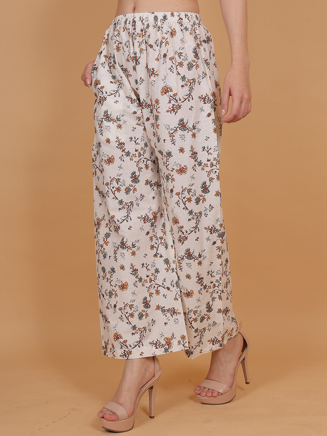 Women's Cream & Brown Printed Cotton Palazzo Pants with Pockets – Fits Size L(S to L) and Fits Size XXL (XL to 3XL)