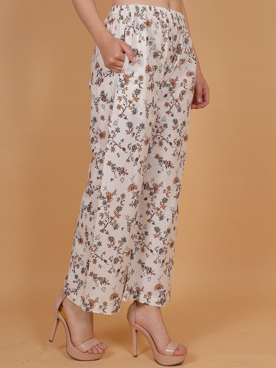 Women's Cream & Brown Printed Cotton Palazzo Pants with Pockets – Fits Size L(S to L) and Fits Size XXL (XL to 3XL)