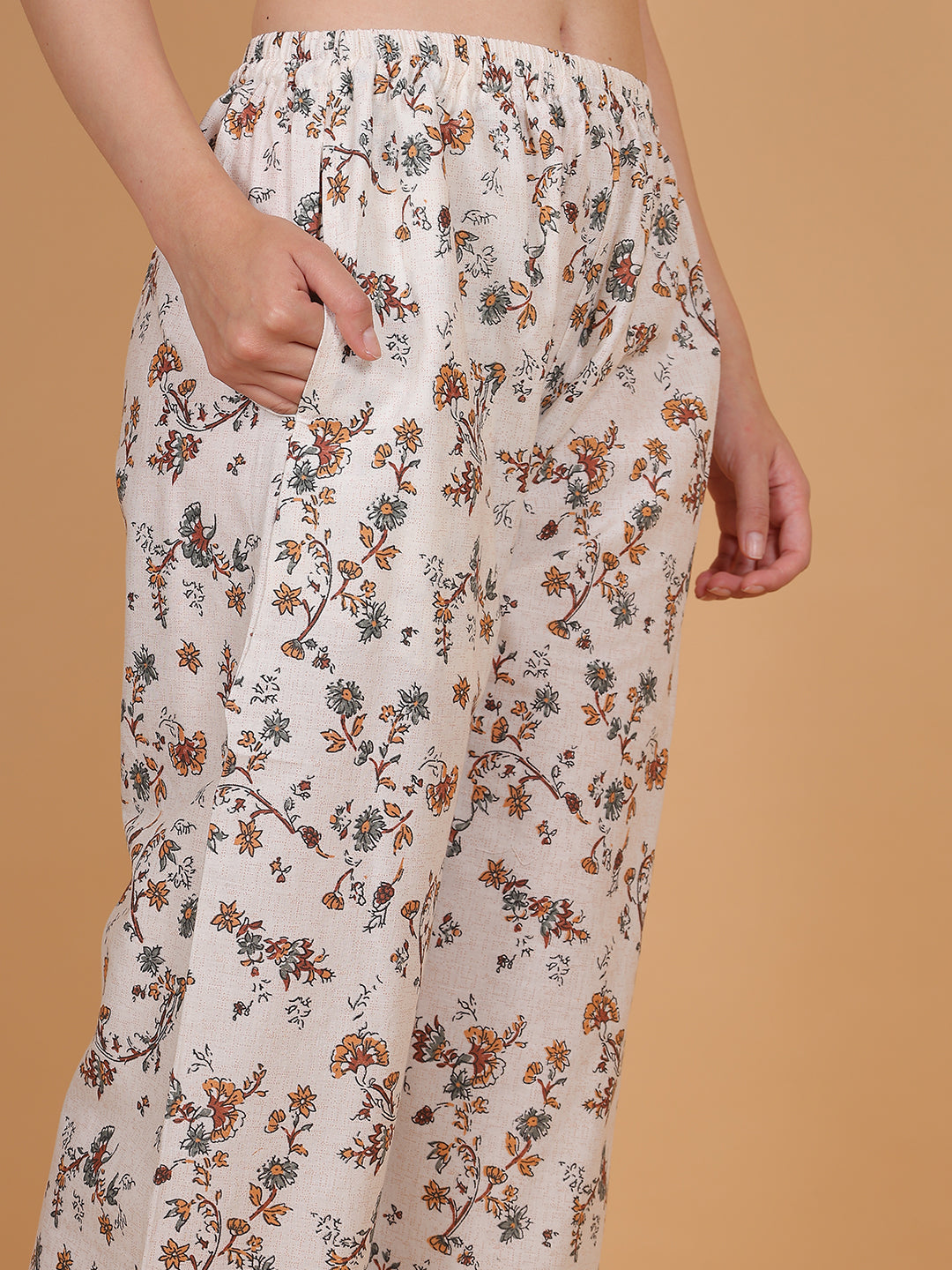 Women's Cream & Brown Printed Cotton Palazzo Pants with Pockets – Fits Size L(S to L) and Fits Size XXL (XL to 3XL)