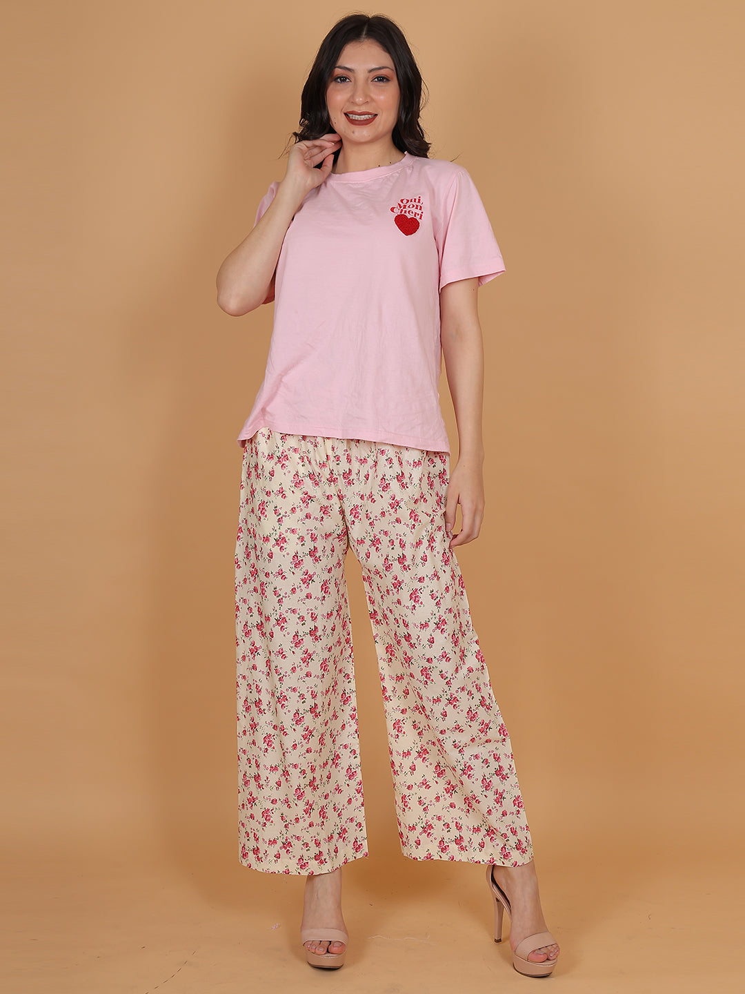 Women's Cream & Pink Printed Cotton Palazzo Pants with Pockets – Fits Size L(S to L) and Fits Size XXL (XL to 3XL)