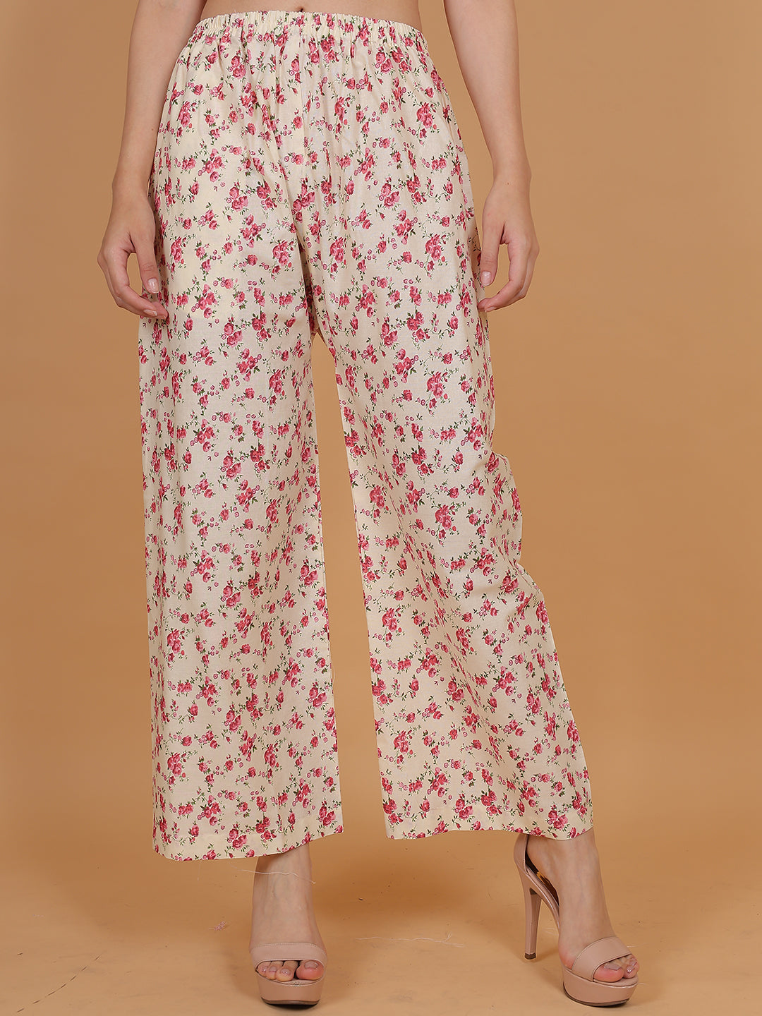 Women's Cream & Pink Printed Cotton Palazzo Pants with Pockets – Fits Size L(S to L) and Fits Size XXL (XL to 3XL)