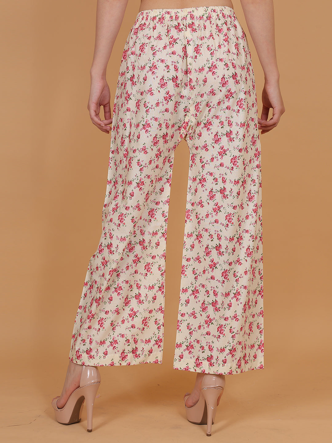 Women's Cream & Pink Printed Cotton Palazzo Pants with Pockets – Fits Size L(S to L) and Fits Size XXL (XL to 3XL)
