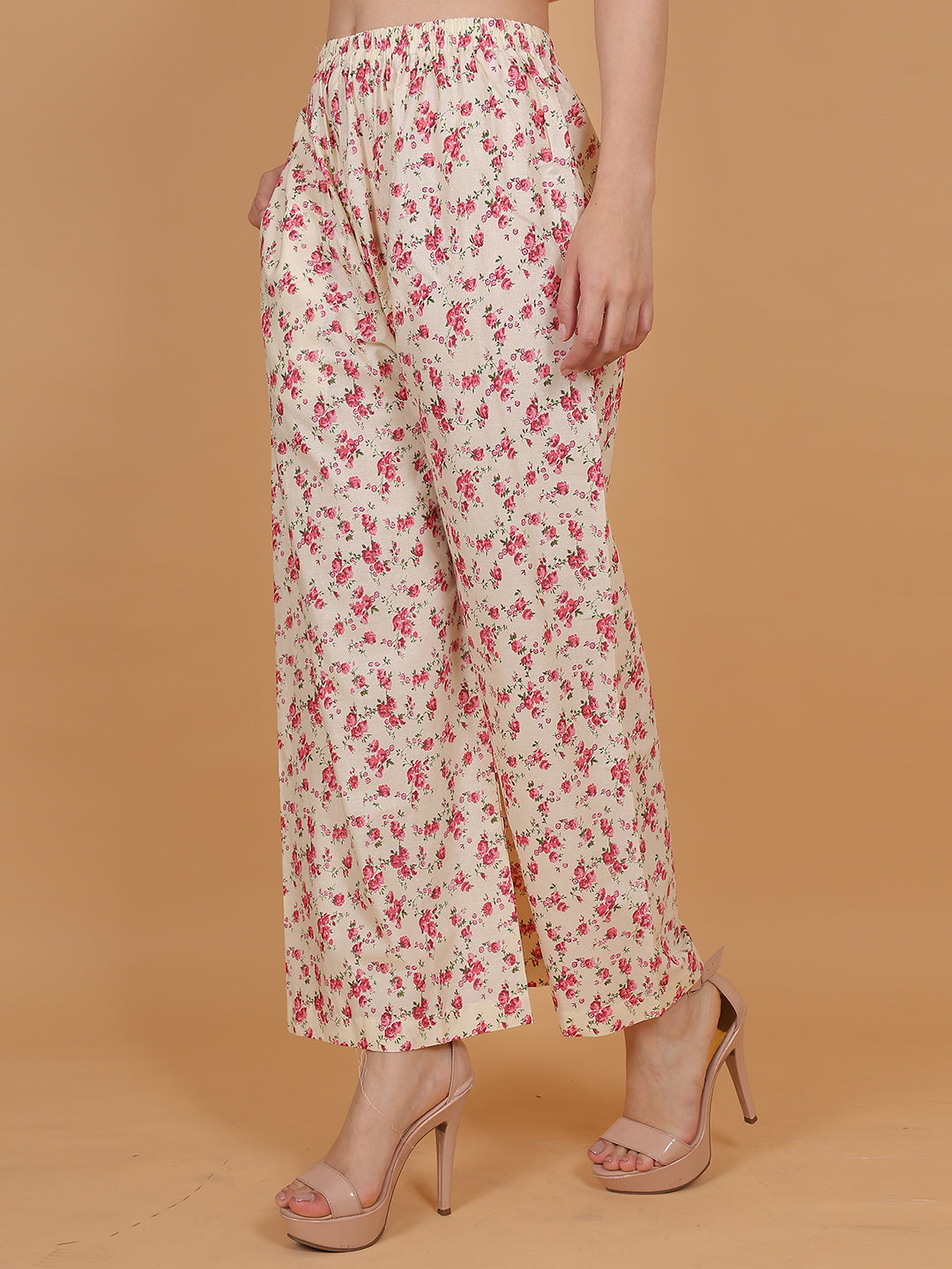 Women's Cream & Pink Printed Cotton Palazzo Pants with Pockets – Fits Size L(S to L) and Fits Size XXL (XL to 3XL)