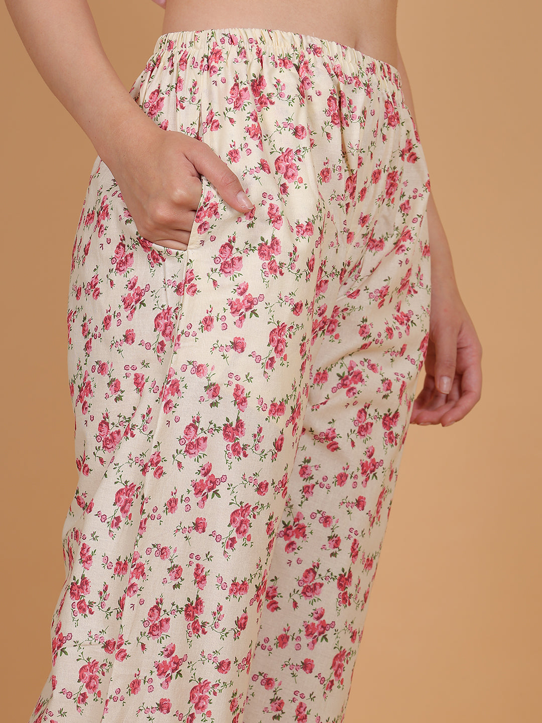 Women's Cream & Pink Printed Cotton Palazzo Pants with Pockets – Fits Size L(S to L) and Fits Size XXL (XL to 3XL)