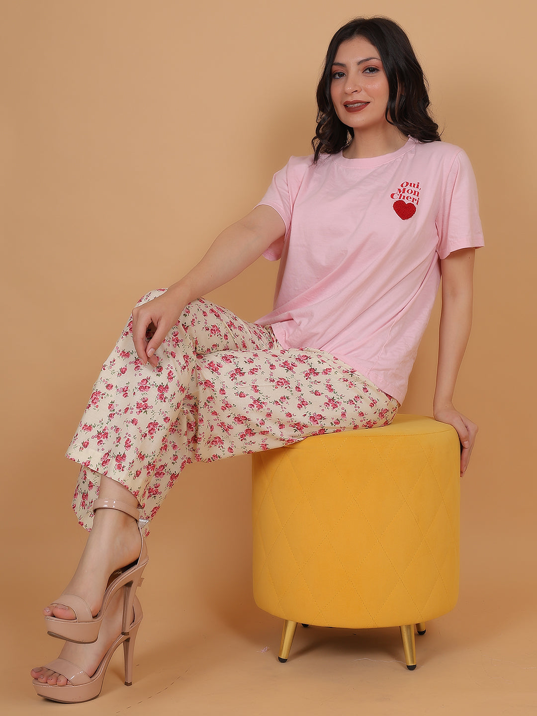 Women's Cream & Pink Printed Cotton Palazzo Pants with Pockets – Fits Size L(S to L) and Fits Size XXL (XL to 3XL)