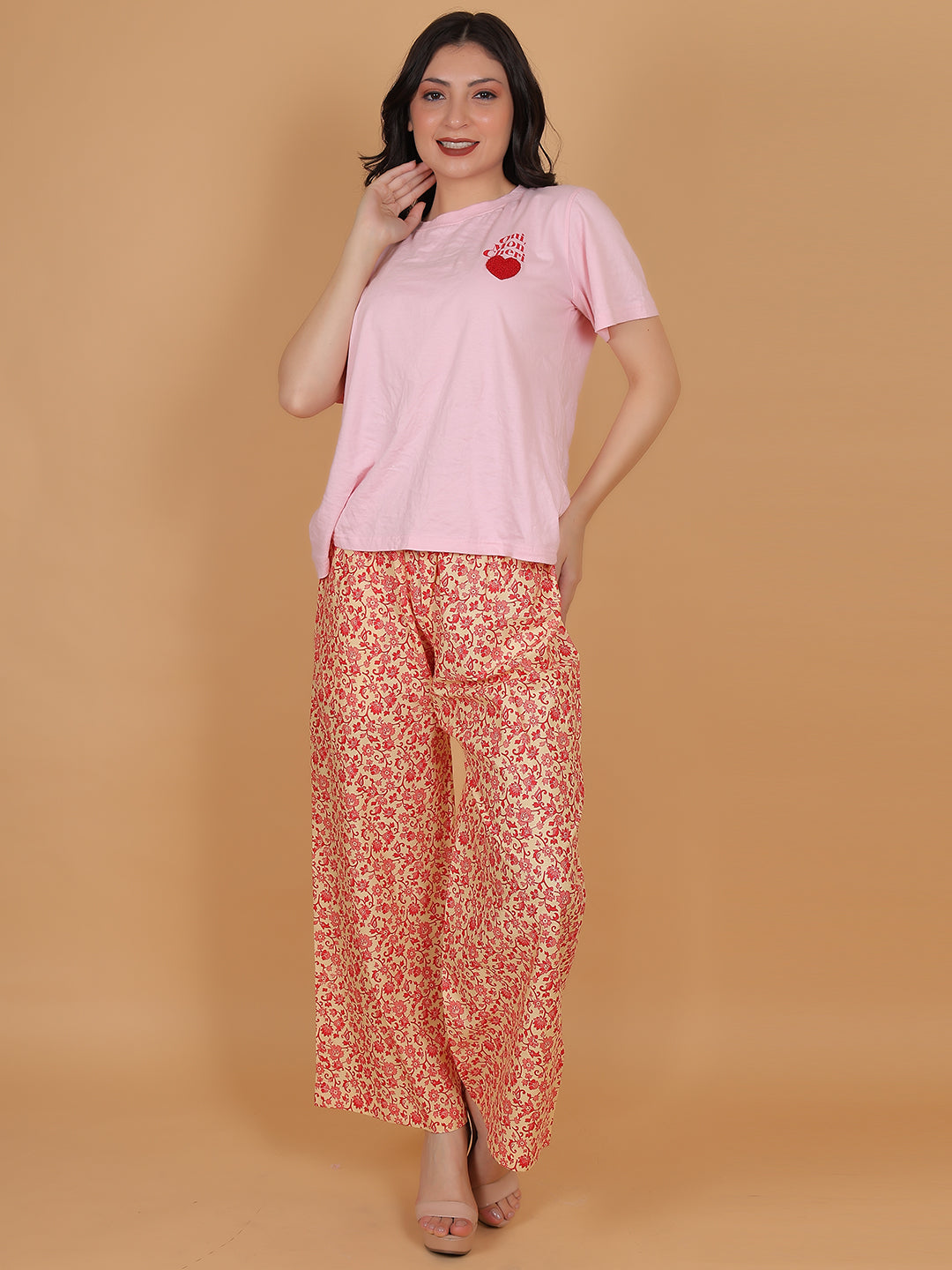 Women's Cream & Red Printed Cotton Palazzo Pants with Pockets – Fits Size L(S to L) and Fits Size XXL (XL to 3XL)