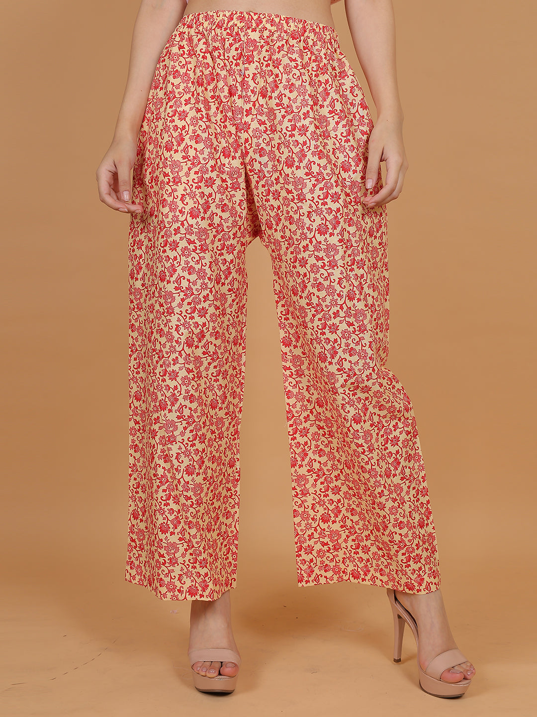 Women's Cream & Red Printed Cotton Palazzo Pants with Pockets – Fits Size L(S to L) and Fits Size XXL (XL to 3XL)