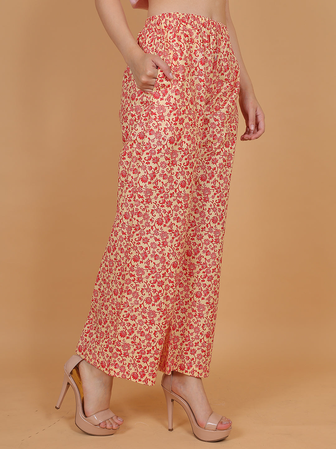 Women's Cream & Red Printed Cotton Palazzo Pants with Pockets – Fits Size L(S to L) and Fits Size XXL (XL to 3XL)