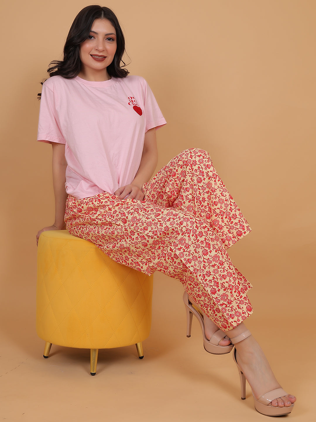 Women's Cream & Red Printed Cotton Palazzo Pants with Pockets – Fits Size L(S to L) and Fits Size XXL (XL to 3XL)