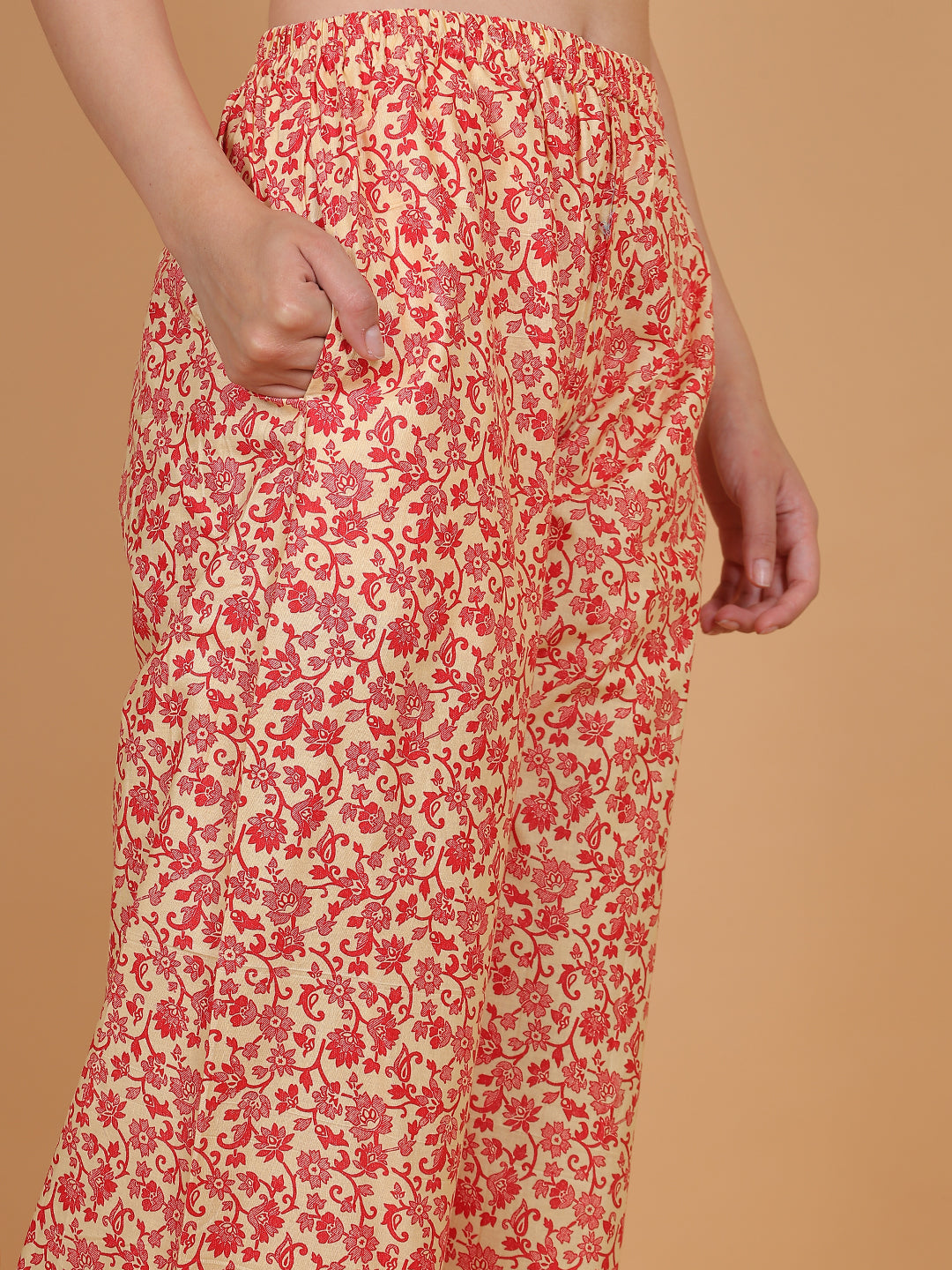 Women's Cream & Red Printed Cotton Palazzo Pants with Pockets – Fits Size L(S to L) and Fits Size XXL (XL to 3XL)