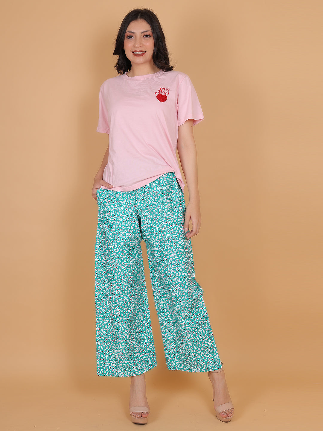 Women's Green Printed Cotton Palazzo Pants with Pockets – Fits Size L(S to L) and Fits Size XXL (XL to 3XL)