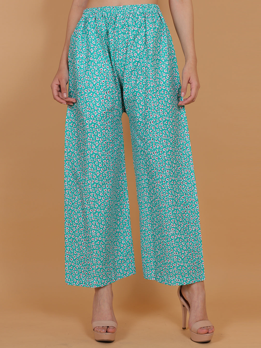 Women's Green Printed Cotton Palazzo Pants with Pockets – Fits Size L(S to L) and Fits Size XXL (XL to 3XL)