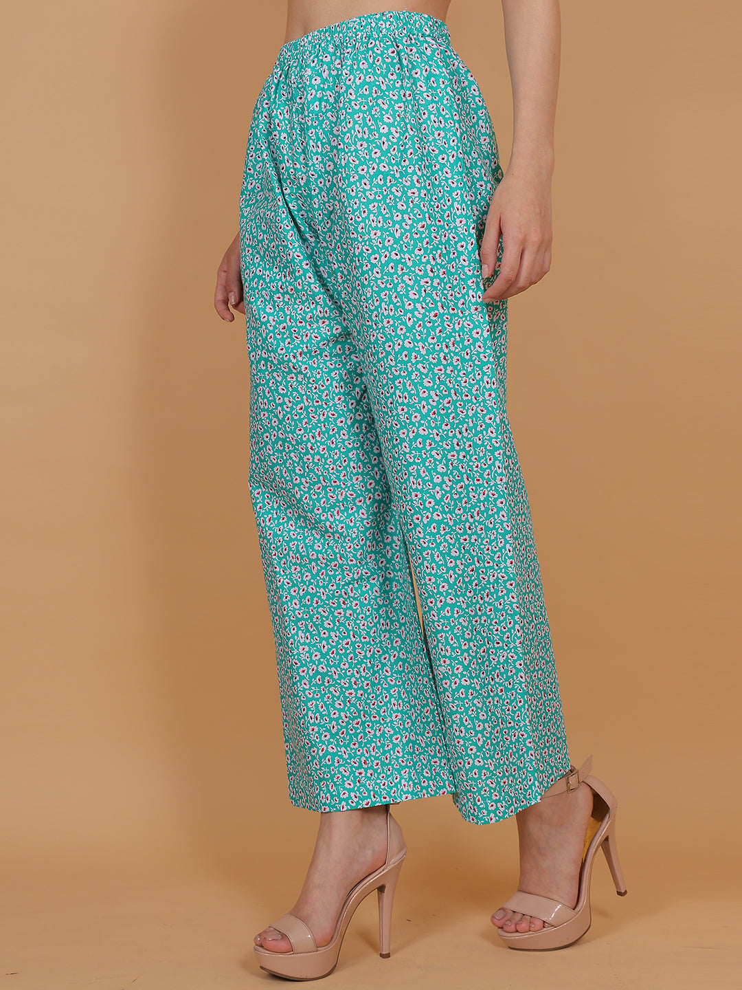 Women's Green Printed Cotton Palazzo Pants with Pockets – Fits Size L(S to L) and Fits Size XXL (XL to 3XL)