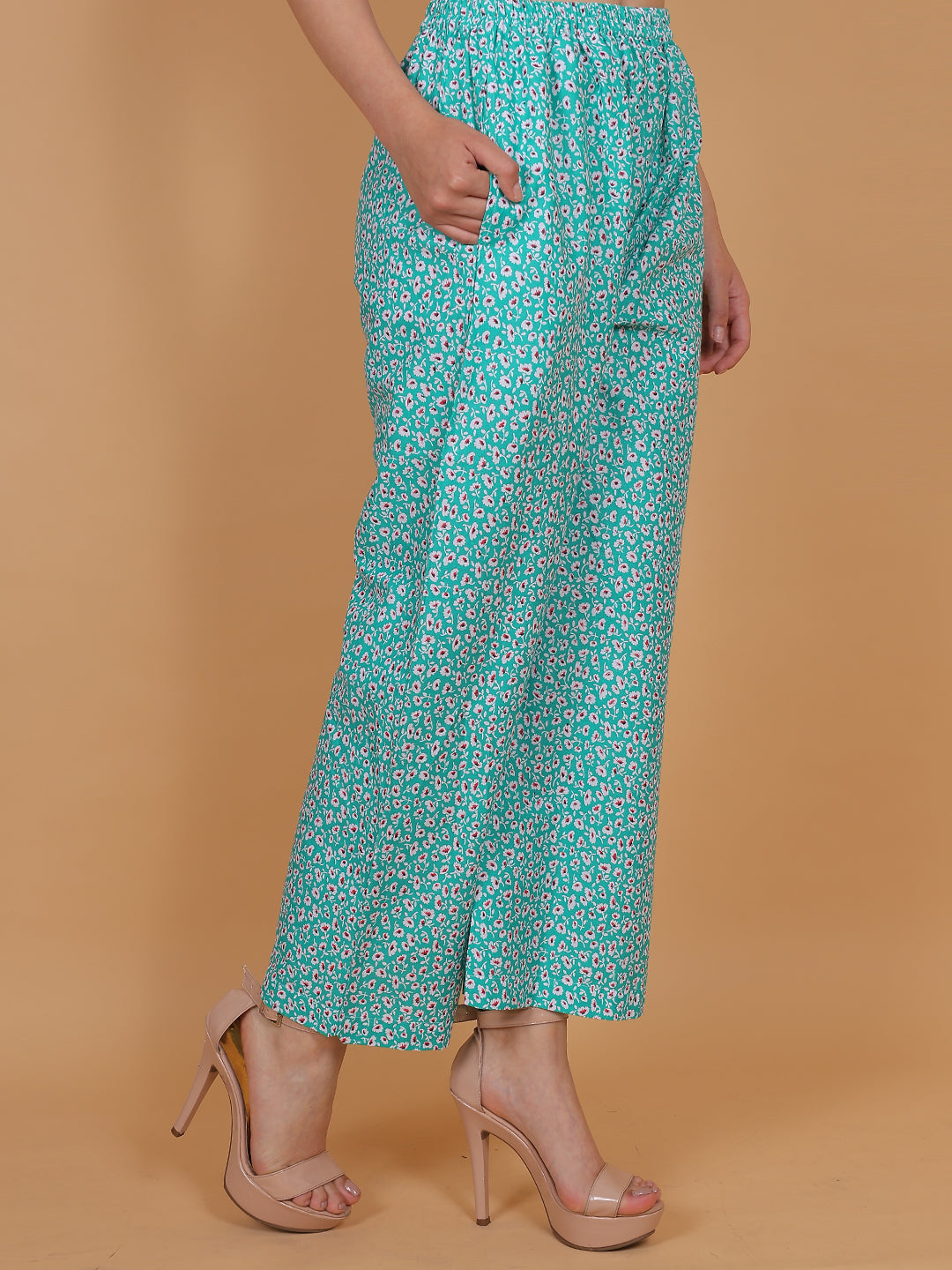 Women's Green Printed Cotton Palazzo Pants with Pockets – Fits Size L(S to L) and Fits Size XXL (XL to 3XL)