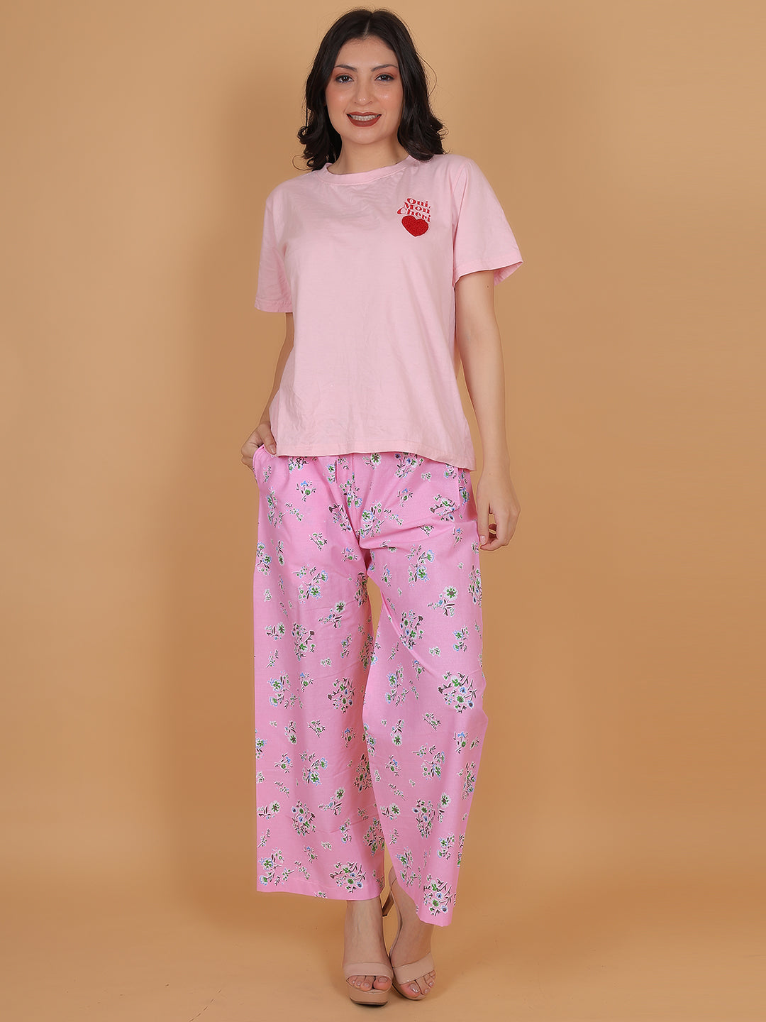 Women's Pink Printed Cotton Palazzo Pants with Pockets – Fits Size L(S to L) and Fits Size XXL (XL to 3XL)