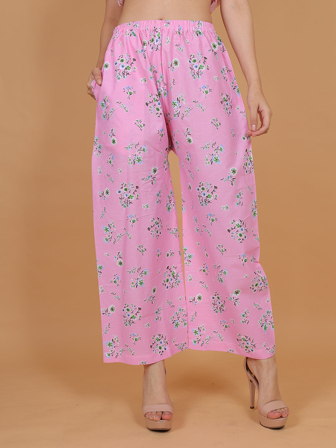 Women's Pink Printed Cotton Palazzo Pants with Pockets – Fits Size L(S to L) and Fits Size XXL (XL to 3XL)