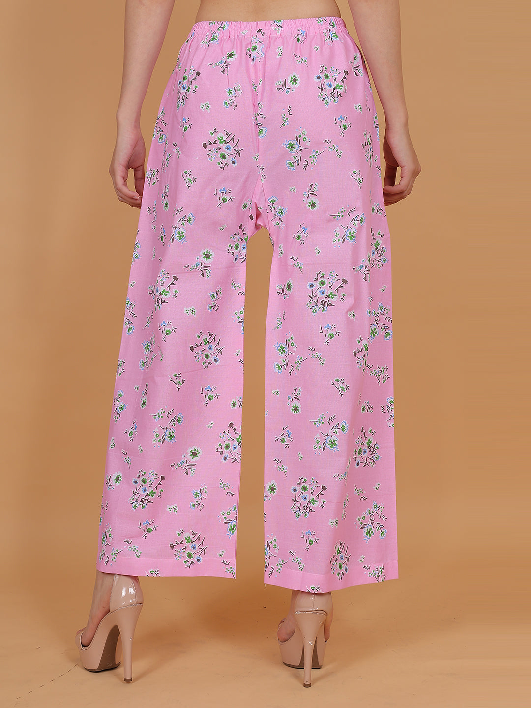 Women's Pink Printed Cotton Palazzo Pants with Pockets – Fits Size L(S to L) and Fits Size XXL (XL to 3XL)