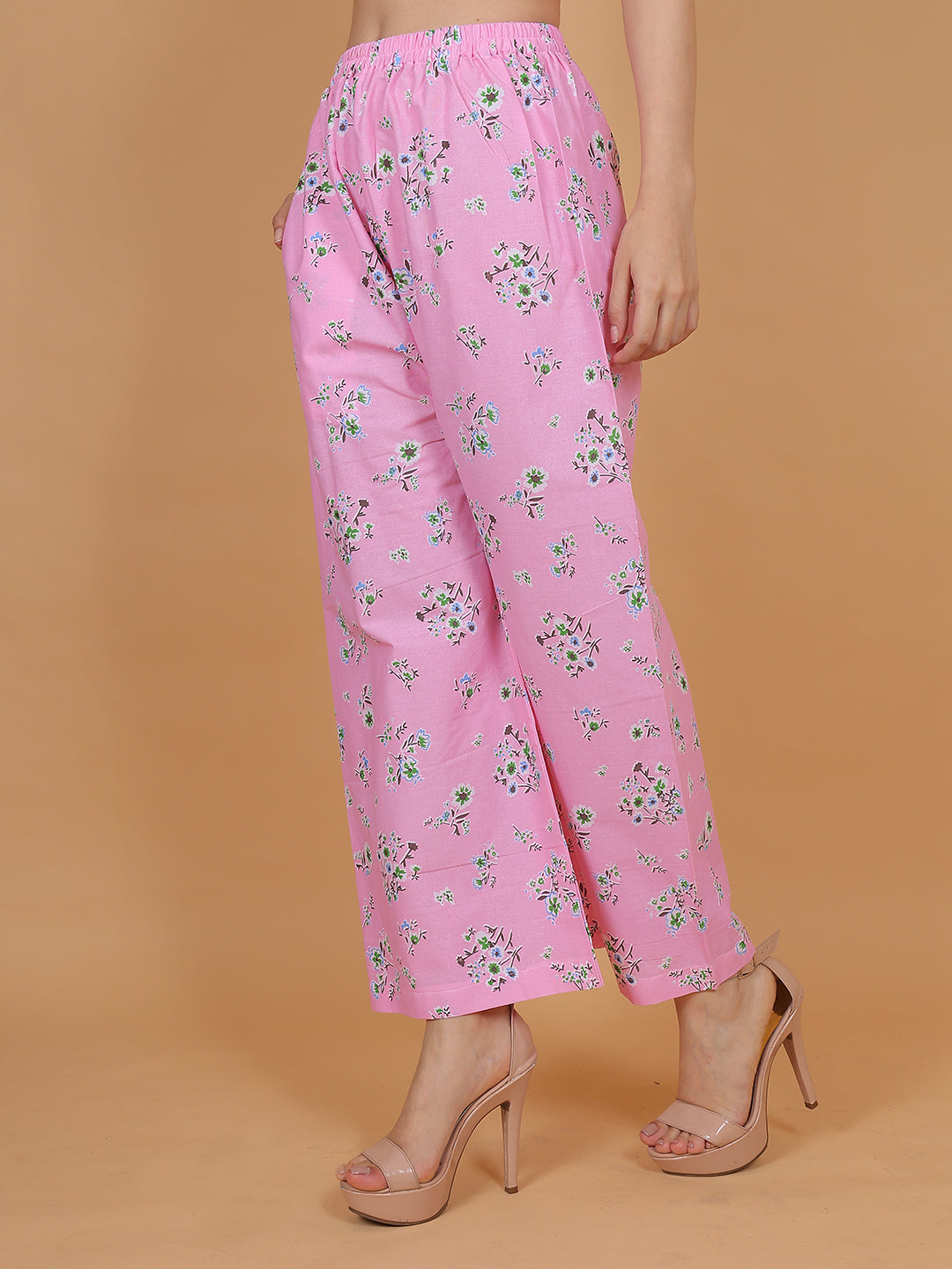 Women's Pink Printed Cotton Palazzo Pants with Pockets – Fits Size L(S to L) and Fits Size XXL (XL to 3XL)